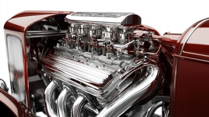 Aufkleber - Close-up of a polished, powerful, vintage car engine, gleaming chrome parts.