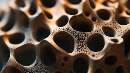 Poster - Close-up of a porous, textured, brown surface with irregular holes and crevices, resembling a sponge or bone structure.