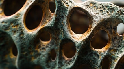 Poster - Close-up of a porous, textured surface with irregular holes and a mix of dark teal and rusty orange tones.
