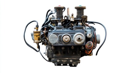 Aufkleber - Close-up of a powerful, intricate two-stroke outboard boat motor engine isolated on white background.