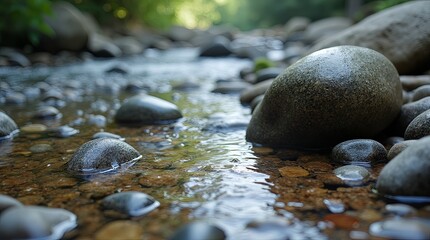 Poster - A stream of water with a large rock in it
