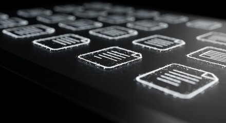 A grid of glowing, transparent digital document icons on a dark, futuristic interface.