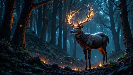 Canvas Print - a majestic deer with glowing antlers stands calmly in a dark, mysterious forest. eerie lights float 