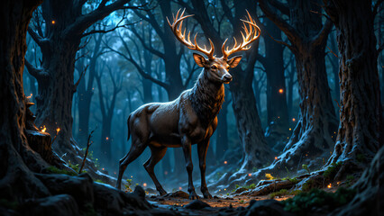 Canvas Print - a majestic deer with glowing antlers stands prominently in a shadowy forest at night. soft light fil