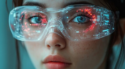 Aufkleber - Close-up of a woman's face wearing futuristic transparent glasses displaying holographic data.