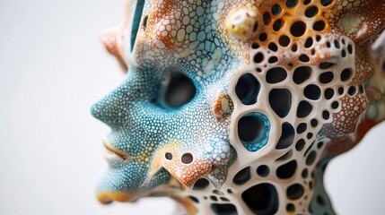 Poster - Close-up of an abstract, colorful, porous sculpture resembling a human face, showcasing intricate detailing and a unique texture.