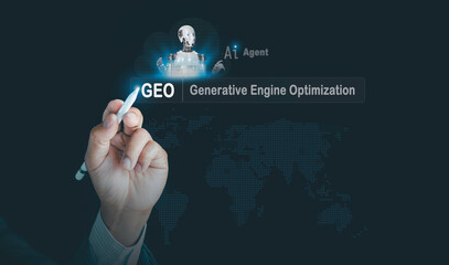 GEO generative engine optimization concept. Businessmen use agentic Ai, icons on websites to rank search engines, Search with assistants Artificial Intelligence data technology from internet network