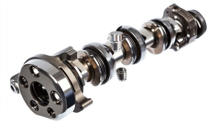 Poster - Close-up of disassembled metallic industrial component parts on white background.