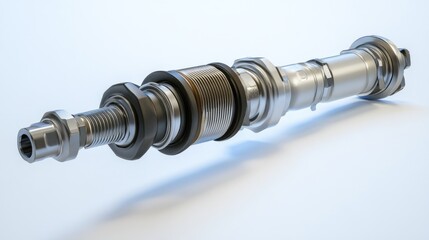 Poster - Close-up of disassembled metallic industrial component with nuts, bolts, and threaded parts on a light background.