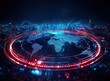 © yong - Abstract digital world map surrounded by glowing light rings, symbolizing global connectivity and technology's impact on the planet.