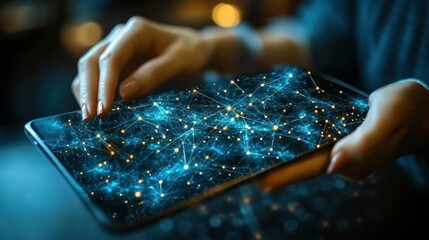 Fototapete - Close-up of hands interacting with a tablet displaying a digital network.