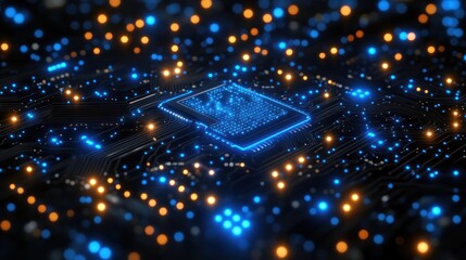 Fototapete - Close-up of illuminated central processing unit on a circuit board.
