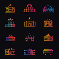 Poster - Gradient Outline Buildings Icons Set on Black Background