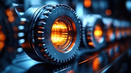 Poster - Close-up of metallic gear with glowing orange core, detailed industrial machinery.