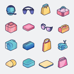 Poster - Isometric Icon Set: Sunglasses, Bags, Accessories, Vector Illustration.