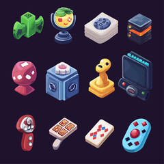 Poster - Isometric Game Interface Elements with Icons, Illustration Design on Black Background