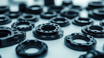 Aufkleber - Close-up of various black plastic machine parts scattered on a white surface.