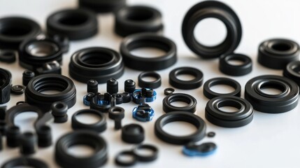 Aufkleber - Close-up of various black rubber seals and O-rings of different sizes scattered on a white surface.