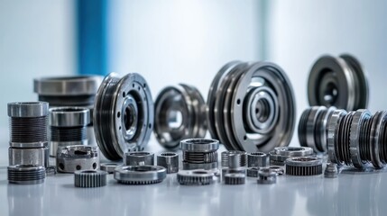 Poster - Close-up of various metal industrial parts and components on a white surface.
