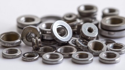 Aufkleber - Close-up of various metallic threaded inserts scattered on a white surface.