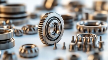 Poster - Close-up of various metallic gears and industrial components.