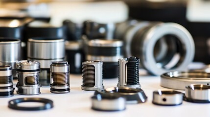 Poster - Close-up of various precision-engineered metal parts, showcasing intricate details and textures.