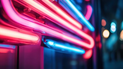 Aufkleber - Close-up of vibrant pink and blue neon light tubes, glowing brightly at night.