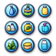 Poster - Set of cartoon icons, cosmetic bottles, soaps and plant illustrations