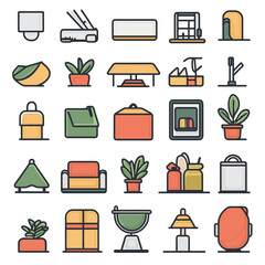 Poster - Vector Icon Set of Interior Elements and Office Supplies