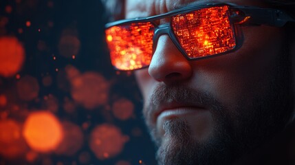 Fototapete - Close-up portrait of a man wearing futuristic glasses reflecting digital data.