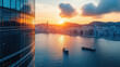 Dramatic Sunrise Over Urban Skyline and Harbor With Reflective Skyscraper