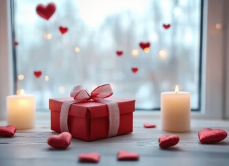 Aufkleber - Red gift box, candles and hearts creating romantic valentine's day atmosphere