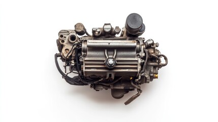 Poster - Close-up view of a used, disassembled internal combustion engine against a white background.