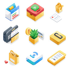 Poster - Isometric icon set for business and communication, minimal design.