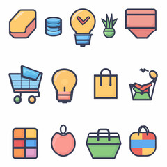 Poster - Colorful Icons: Shopping Cart, Lightbulb, Bags, and Objects in Flat Design