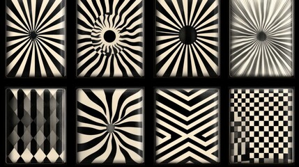 Poster - Collection of eight abstract black and white geometric patterns with radiating lines, sunbursts, and checkered designs.