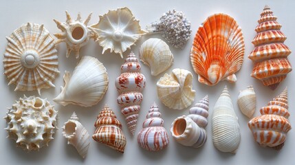 Aufkleber - Collection of various seashells arranged on a white background.