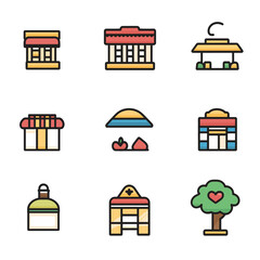 Poster - Vector Icons of Buildings, Tree, and Symbols in Flat Design Style