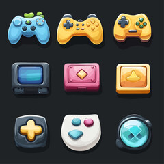 Poster - Set of stylized colorful gaming controllers and retro devices on black background.