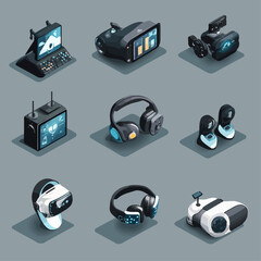 Poster - Isometric VR Headset, Headphones, and Technology Devices, Illustration
