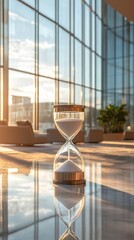 Poster - Golden rays of sunlight stream through large windows, casting warm glows across a sleek, contemporary room. An hourglass stands prominently, measuring fleeting moments amidst serene surroundings