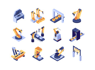 Aufkleber - Robotization industry isometric icons set. Automatic equipment, production line manufacturer factory. Robotic arms for conveyor 3d isometry illustration. Programming welding and manipulating robots