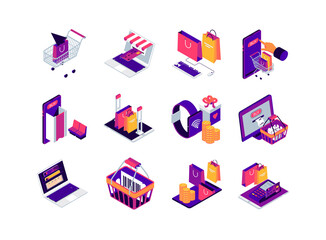 Poster - Online shopping isometric icons set. Internet marketplace mobile application. Payment by smartphone, smartwatch and computer. Digital marketing and advertising. Ecommerce 3d isometry illustration.