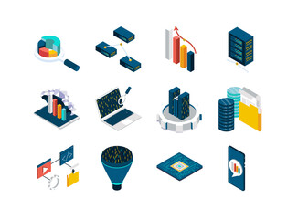 Poster - Big data isometric icons set. Data collection, storage in cloud database and analysis. Computer technology and scientific methods and algorithms. Data analysis 3d isometry illustration.