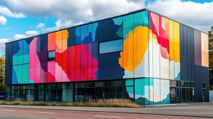 Poster - Colorful modern building with abstract mural art on its facade, situated on a city street under a partly cloudy sky.