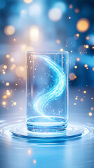 Poster - A glass container holds a mesmerizing swirl of blue particles that glow vibrantly. The setting features a serene, softly lit background with bokeh lights enhancing the dreamlike atmosphere