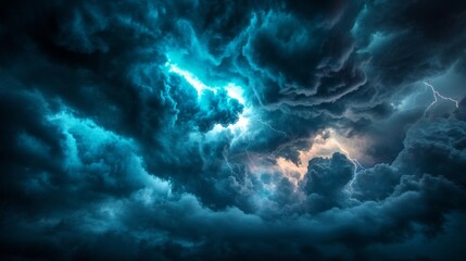 Poster - A tempest brews overhead as thunderous clouds churn in shades of black and blue. Bright flashes of lightning pierce the darkness, creating a dramatic spectacle in the sky