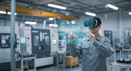 Poster - Man using VR headset for data analysis in modern factory. Engineer interacting with holographic interface. Smart manufacturing and Industry 4.0 concept.