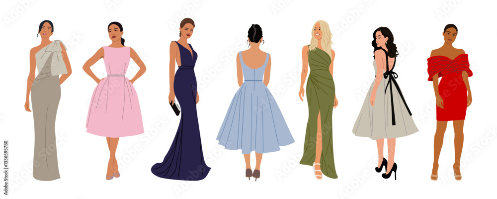 Set of beautiful Women in fashion dress for evening or cocktail party ...