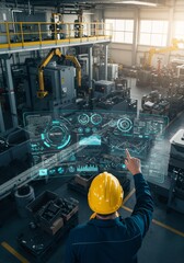 Poster - Engineer using futuristic holographic interface to control robotic production line in modern smart factory. Industrial automation and Industry 4.0 concept.
